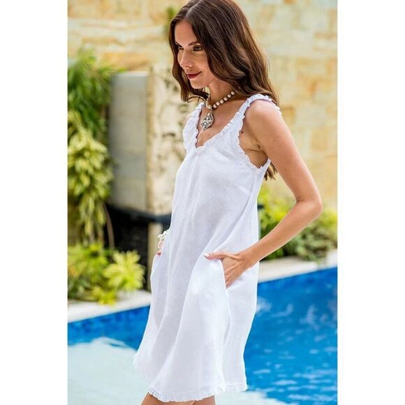 Julie Miles A-Line Frill Linen Dress Womens Medium White Sleeveless - Picture 2 of 13